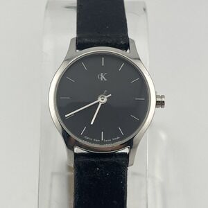 Calvin Klein Swiss Watch Women 24mm Silver Case Black Leather Band- New Battery
